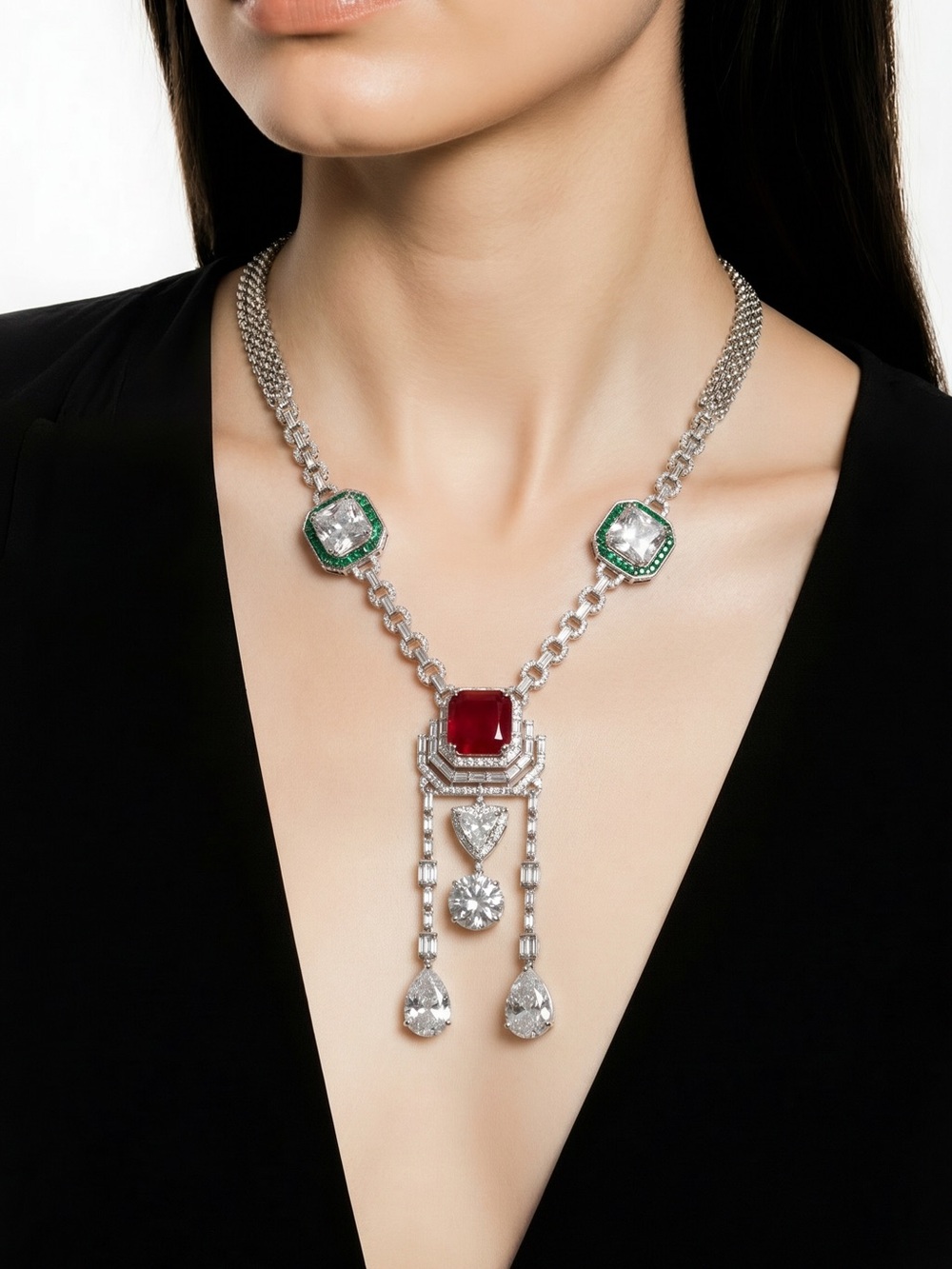 Lux Silver Necklace and Earrings set with Red Center Gem and clear Accents